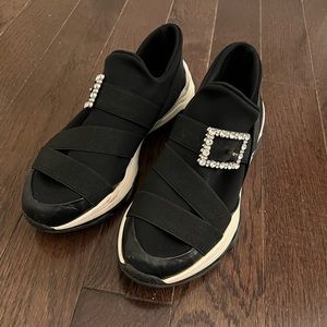 Bibi Lou black slip on sneakers with crystal buckle. White heel. Size 39.